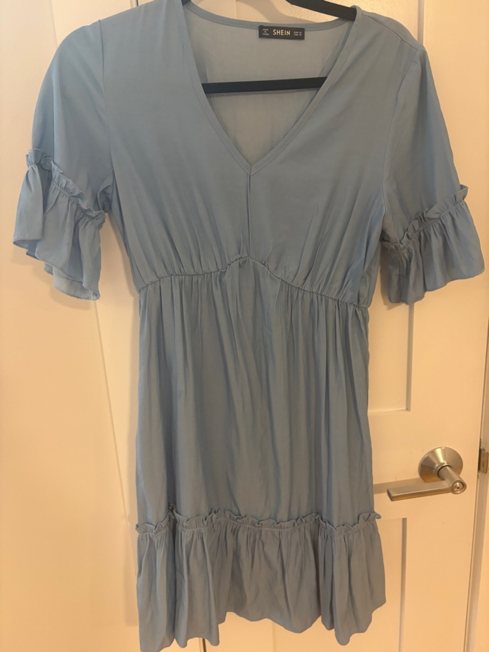 SHEIN Light Blue V-Neck Ruffle Sleeve Mini Dress